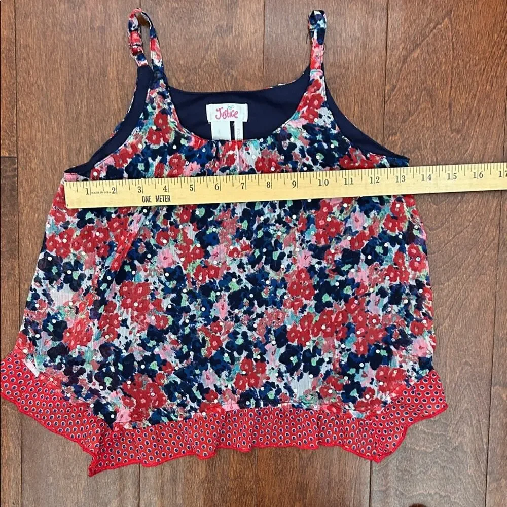 Justice Girl’s Red and Blue Floral Camisole Top with Shimmer Dots, Size 7